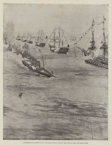 De grote marineparade in 1856, de koningin passeert de linies aan boord van het koninklijke jacht